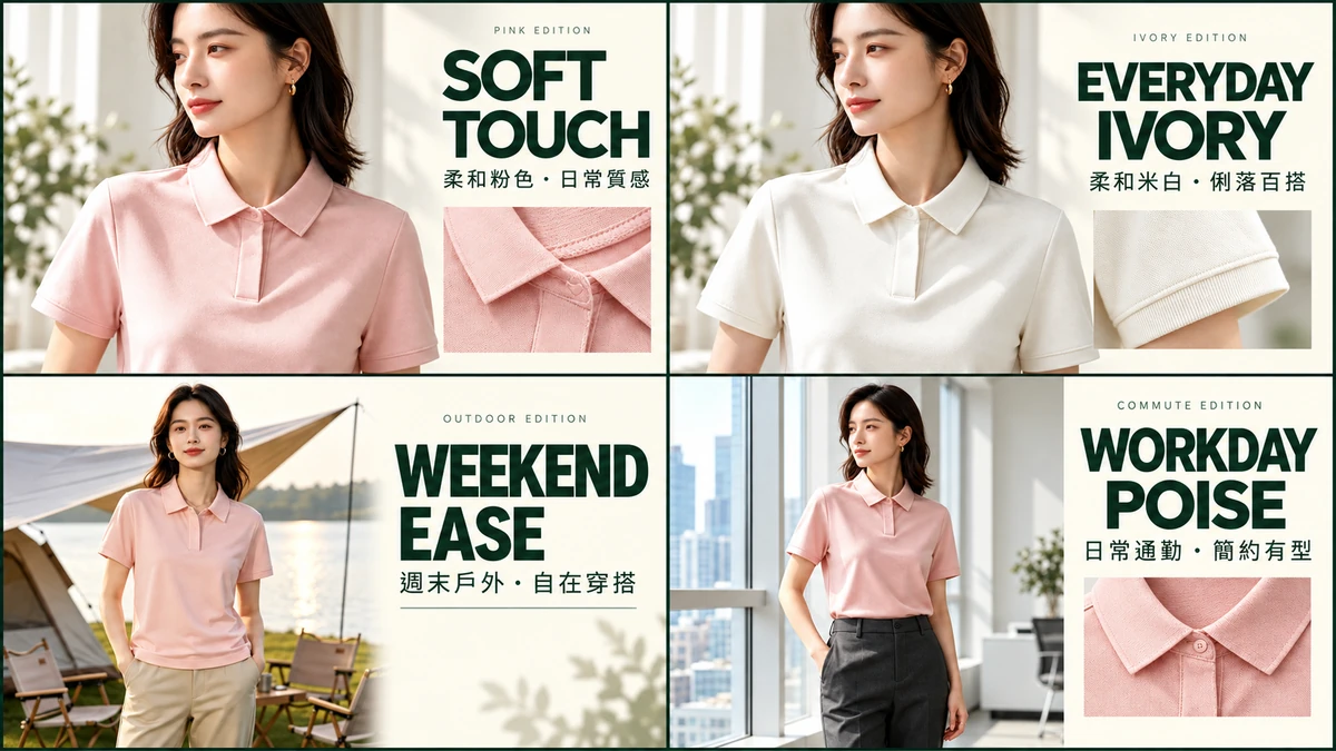 四張 Polo 銷售成品拼圖：粉色主視覺、米白配色、戶外場景及通勤搭配